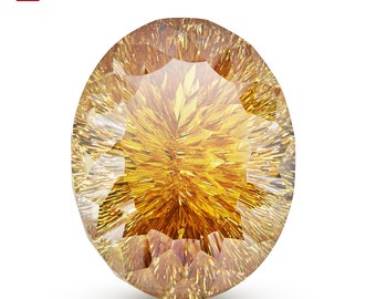 May include: A large, round, faceted gemstone with a golden yellow color. The gemstone has a complex, intricate pattern of facets that create a dazzling display of light.