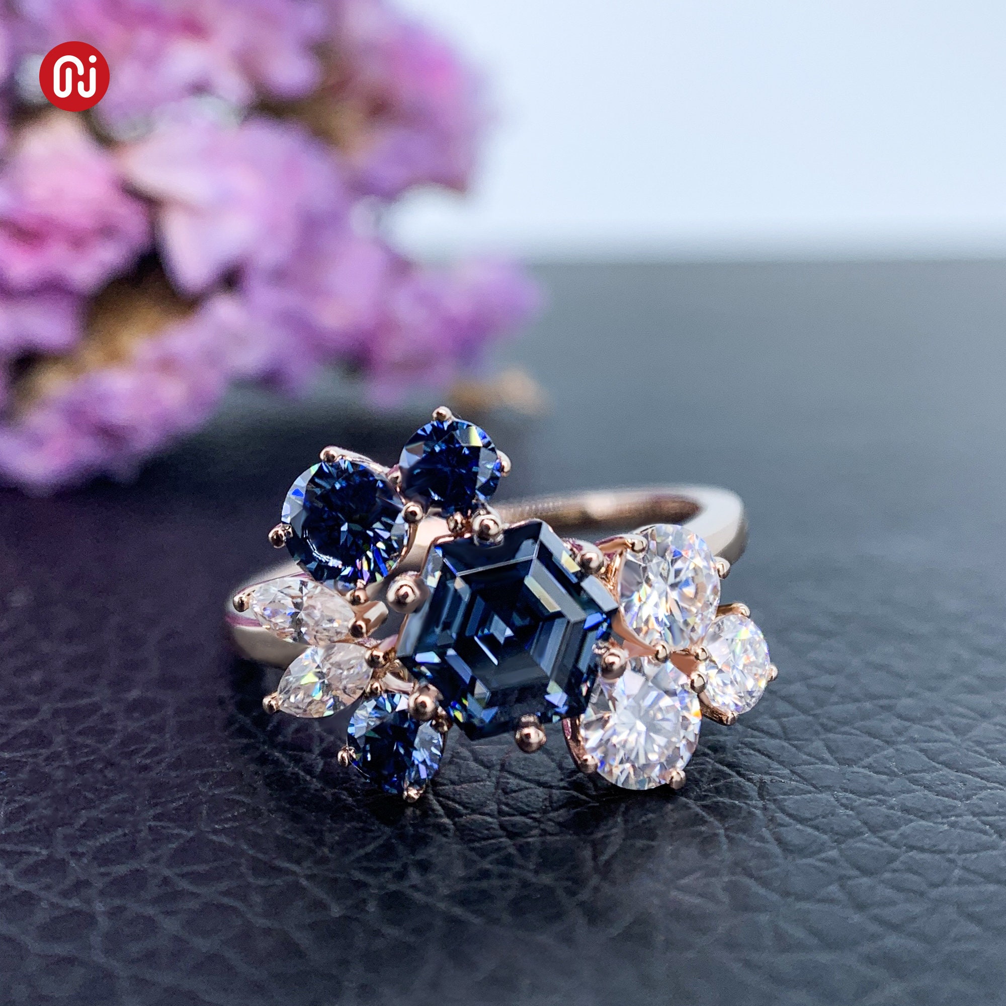 GIGAJEWE 2ct Vivid Blue Uncoated color 6mm Hexagon Cut Ring Moissanite 9K/14K/18K Rose Gold , Moissanite Ring, Engagement Ring, Women Gift