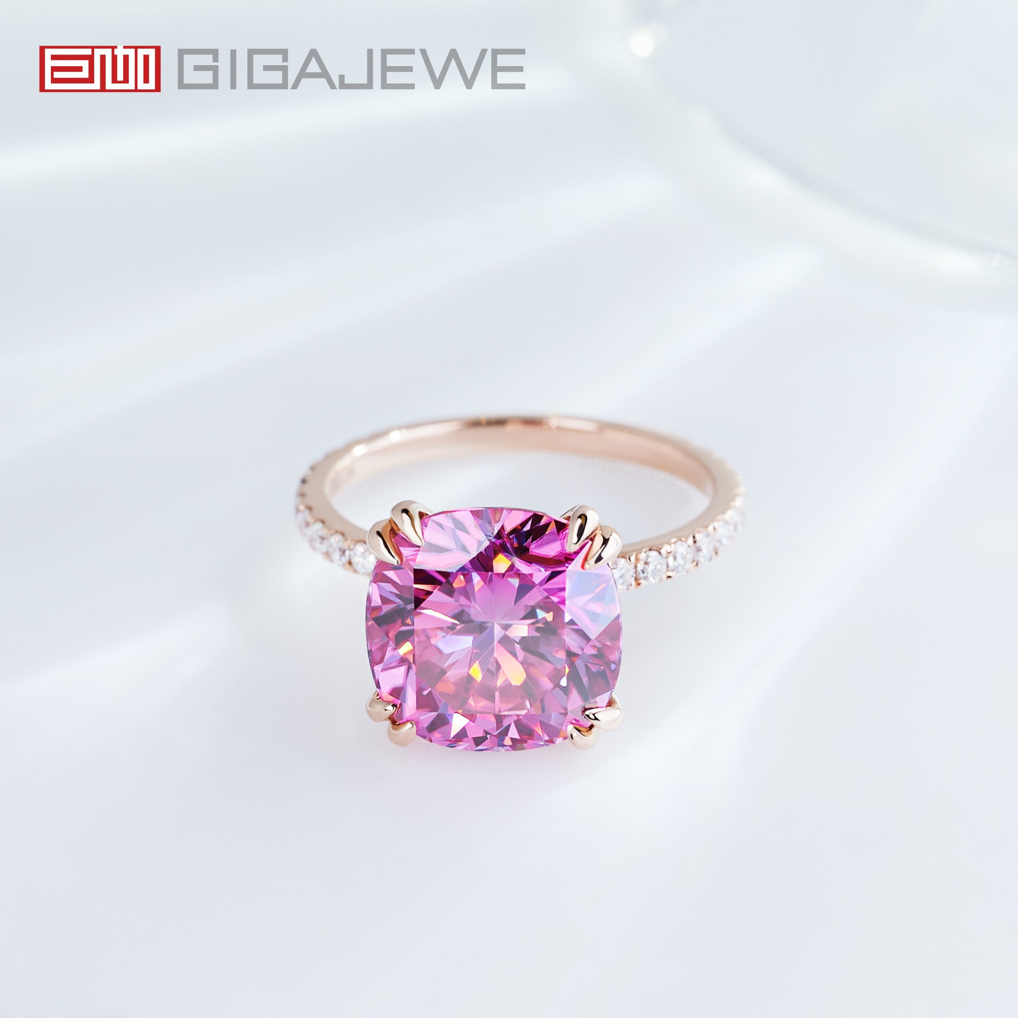 GIGAJEWE 9K/14K/18K 11mm 7ct Cushion cut Rose Gold Pink  Color Moissanite  Wedding Bands Girlfriend Gift Anniversary Bands
