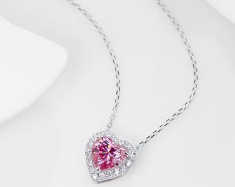Collar de moissanita de corazón rosa: oro blanco de 9 quilates, 14 quilates y 18 quilates, 2,0 ct