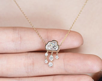 GIGAJEWE 2ct Yellow Solid Gold 9K/14K/18K Necklace 7*9 MM  Cloud cut White D Color Moissanite Necklace,Rain cloud necklace