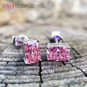 GIGAJEWE 1.6ct White Dolid Gold 9K/14K/18K Radiant Cut Sakura Pink Color Push Back Moissanite Earrings , Stud Earrings,Mom Gift