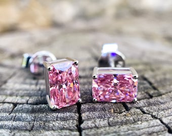 Sakura Pink Moissanite Stud Earrings, Radiant Cut, Solid Gold
