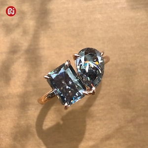 GIGAJEWE Uncoated Grey color 3.5ct Radiant and Pear cut Ring Moissanite 9K/14K/18K Rose Gold , Moissanite Ring, Engagement Ring