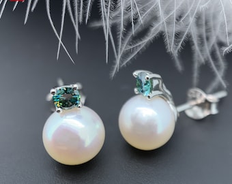 GIGAJEWE 3mm Moissanite and 7mm Freshwater Pearl Earring Stud 925 silver Moissanite Engagement Earrings , Wedding Earrings