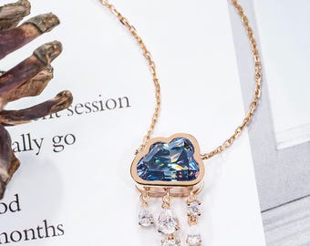 GIGAJEWE Total 3ct Rose Solid Gold 9K/14K/18K Necklace 9.5*7 MM Cloud cut Natural Blue Color Moissanite Necklace,Rain cloud necklace