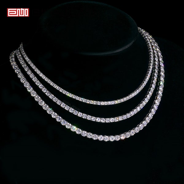 GIGAJEWE Hand Setting Stone 925 silver plated 18K gold 2/3/4/5mm Round Cut White VVS1 Moissanite  Diamond Test Passed Tennis Necklace