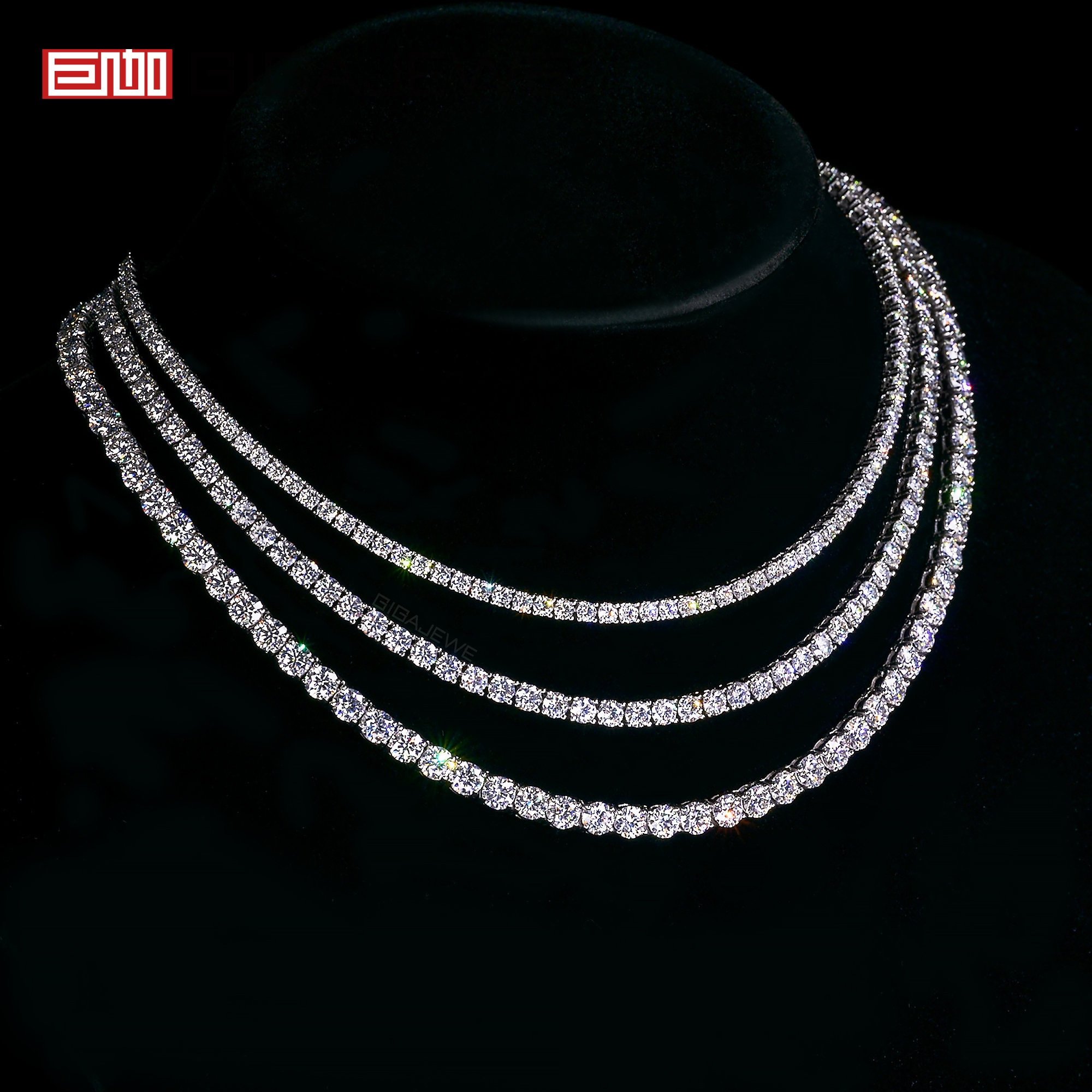 GIGAJEWE Hand Setting Stone 925 silver plated 18K gold 3/4/5mm Round Cut White VVS1 Moissanite  Diamond Test Passed Tennis Necklace