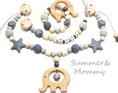 Kinderwagenkette Wagenkette einzeln oder als Spar Set Grau natur Holz Elefant Greifling