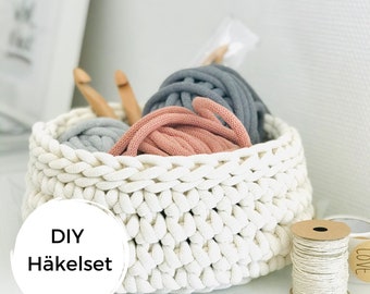 DIY crochet set for crochet basket made from recycled cotton cord - creative gift idea for women