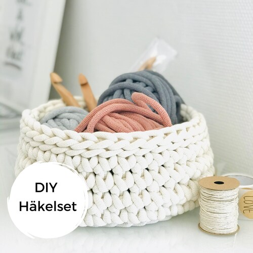 DIY crochet set for crochet basket made from recycled cotton cord - creative gift idea for women