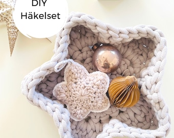 DIY Häkelset Korb in Sternform - DIY Kit  Häkelkorb in Sternform für Weihnachtsdeko aus Baumwollkordel inkl. Holzhäkelnadel Nr. 15