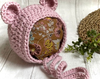 Crochet Baby Bear Bonnet, photo prop, baby shower , newborn gift.