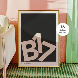 May include: A black and white poster with the letters "B17" in a pink colour, with the word "BIRMINGHAM" at the bottom. The poster is framed in gold.