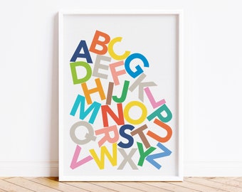 Alphabet Kids Print, Colourful ABC Letters Contemporary Baby Nursery Decor, Educational Gift for Children's Bedroom, Wall Art for Boy & Girl