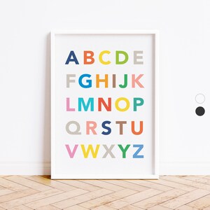 May include: A white framed alphabet poster with colourful letters. The letters are in a rainbow colour scheme, with each letter in a different colour.