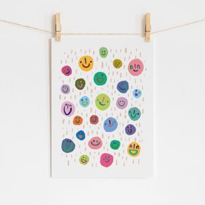 May include: A white background with a colourful pattern of smiley faces. The smiley faces are all different colours and have different expressions.