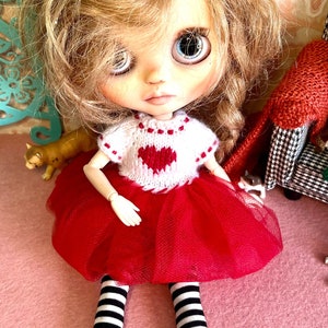 Jolie robe avec haut en tricot et jupe tutu en tulle, coeur, pique, tenue fantaisie, tenue faite main, Takara, Obitsu, Pullip, vêtements de poupée Blythe