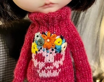 Blythe Halloween Sweater, Calavera, Mexican Sugar Skull with flowers embroidery turtleneck pullover, Scary outfit for Pullip, Blythe clothes