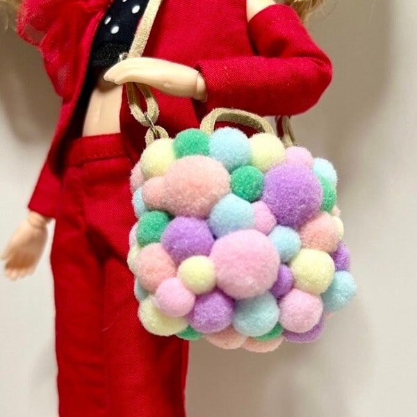 Colorful Pom Pom tote bag, Cute miniature doll accessory, Unique handcrafted purse, Barbie, Pullip, Momoko, Rainbow High, Blythe clothes