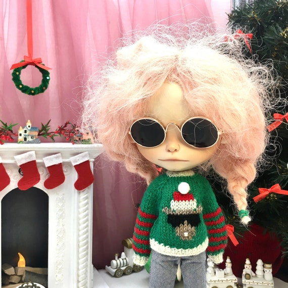 Ugly Christmas sweater with extra long sleeves, Funny doll jumper with embroidery Rudolph in hat and glasses, Pullip, Takara, Blythe clothes