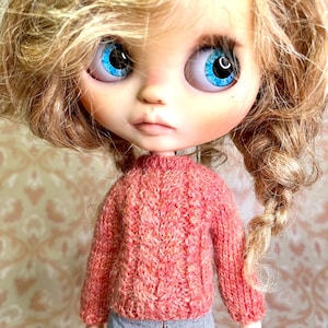 Blythe cardigan, Light yellow cable knit top, Fisherman style pullover, Coral pink knitted jumper, Cardigan, Pullip, Licca, Blythe clothes
