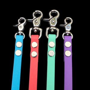 May include: Four colorful dog leash attachments with silver-colored clasps. The leather straps are blue, red, mint green, and purple. Each strap is secured with two silver rivets against a black background.