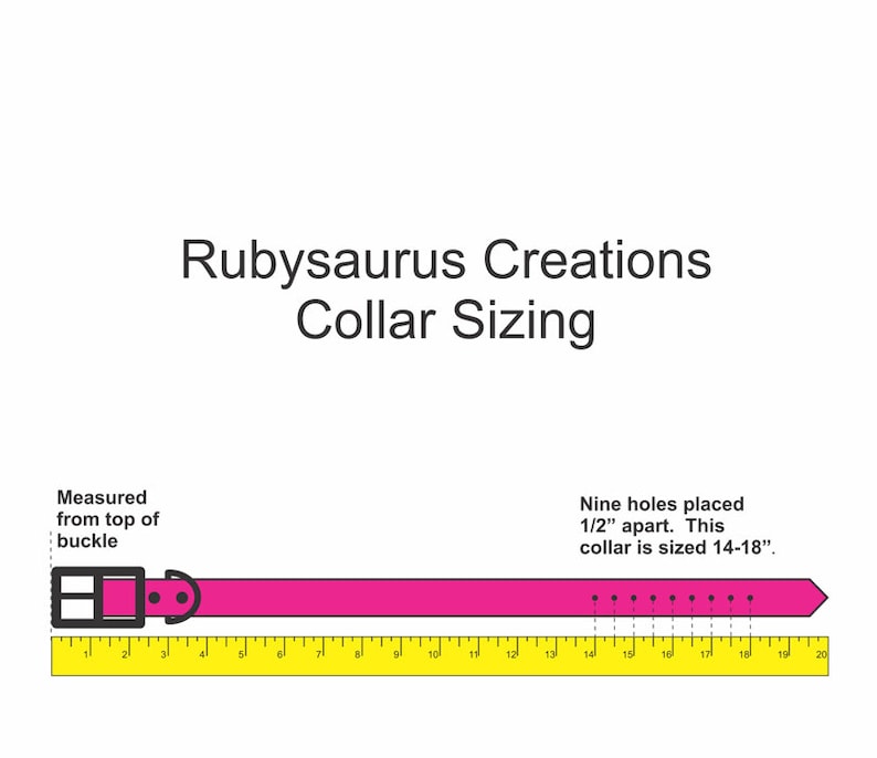 May include: A pink dog collar with a black buckle and nine holes spaced 1/2 inch apart. The collar is sized 14-18 inches.  Rubysaurus Creations Collar Sizing.
