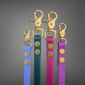 May include: Four colorful dog leash attachments with gold-colored clasps. The leather straps are in shades of blue, teal, magenta, and purple. Each strap has two gold-colored rivets. The background is a gradient of gray.