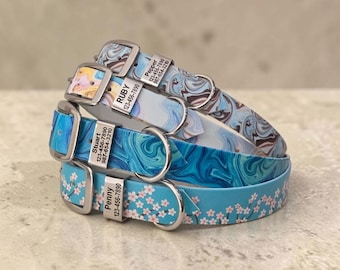 Patterned 3/4" and 1" Wide BioThane® Dog Collar with Engraved Polished Stainless Steel Keeper