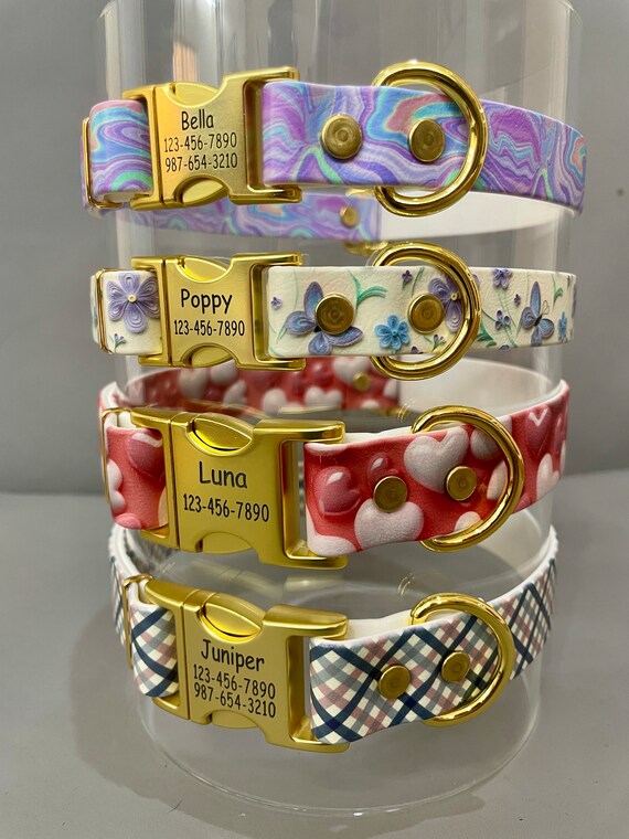 Patterned Biothane Dog Collar With Engraved Gold Quick release