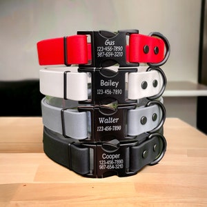 May include: Four dog collars stacked on top of each other. The collars are black, gray, white, and red. Each collar has a black metal buckle with a personalized name and phone number. The names are Gus, Bailey, Walter, and Cooper.