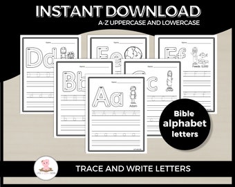 Bible theme alphabet letter tracing worksheets by Little Wiggles Design