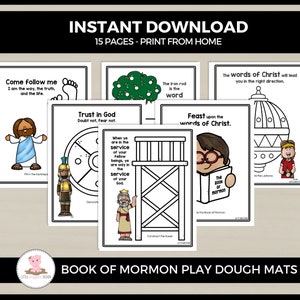Könnte beinhalten: Eine Sammlung von ausdruckbaren Knetmatten zum Buch Mormon. Die Matten zeigen farbenfrohe Illustrationen und Texte, darunter Sätze wie „Komm, folge mir“ und „Vertraue auf Gott“. Der Titel „Sofort-Download“ und „15 Seiten - Drucken von zu Hause“ werden oben angezeigt.