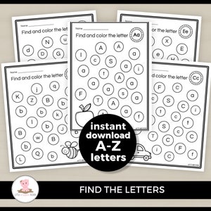 May include: Black and white printable worksheets for kids to practice finding and coloring letters of the alphabet. The worksheets feature a variety of letters, including A, B, C, D, E, F, G, J, K, L, N, Q, S, T, U, W, X, Z. The worksheets are designed for preschool and kindergarten students.
