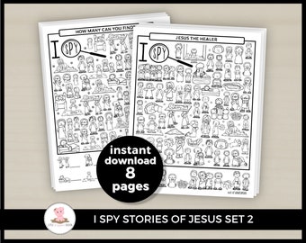 May include: Black and white printable I Spy activity sheets featuring stories of Jesus. The sheets include the text "How Many Can You Find?" and "Jesus the Healer". The sheets are part of a set of 8 pages.
