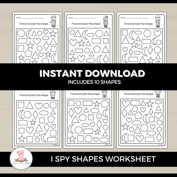 Shape recognition I spy worksheets by Little Wiggles Design