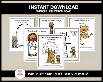 May include: A set of 18 printable play dough mats featuring Bible stories. Each mat includes a black and white illustration and a short Bible verse. The mats are designed to help children learn about the Bible through play.