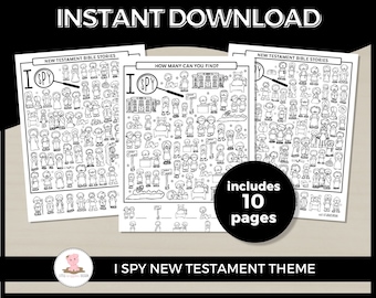 May include: Black and white printable I Spy activity sheets featuring New Testament Bible stories. The set includes 10 pages with different scenes and objects to find.