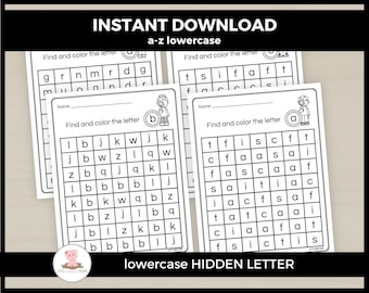 Printable lowercase alphabet hidden letter worksheets by Little Wiggles Design