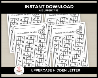 Hidden Uppercase letter printable worksheets by Little Wiggles Design