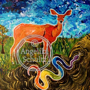 Tarjeta de felicitación, 5 1/2 pulgadas cuadradas - Transformación suave; en blanco en el interior, vida silvestre, ciervos y serpientes, pintura acrílica