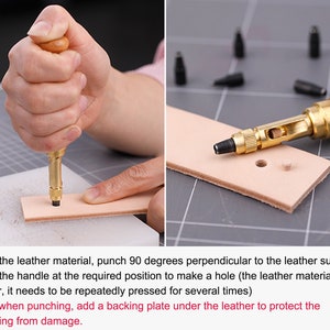 K&ouml;nnte beinhalten: Eine Hand verwendet ein Lederstanzwerkzeug, um ein Loch in ein St&uuml;ck Leder zu stanzen. Das Werkzeug hat einen Holzgriff und einen Metallstanz. Das Leder ist hellbraun und hat ein Gittermuster auf der R&uuml;ckseite. Der Text im Bild lautet: "3. Befestigen Sie das Ledermaterial, stanzen Sie 90 Grad senkrecht zur Lederoberfl&auml;che, dr&uuml;cken Sie den Griff an der gew&uuml;nschten Stelle, um ein Loch zu machen (das Ledermaterial ist dicker, es muss mehrmals gedr&uuml;ckt werden) Hinweis: Beim Stanzen eine St&uuml;tzplatte unter das Leder legen, um das Stanzen vor Besch&auml;digungen zu sch&uuml;tzen."