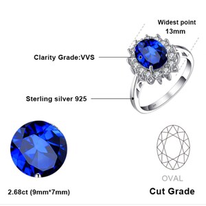 925 Sterling Silver Ring For Women Princess Diana William Kate Middleton's 3.2ct Created Blue Sapphire Engagement image 5