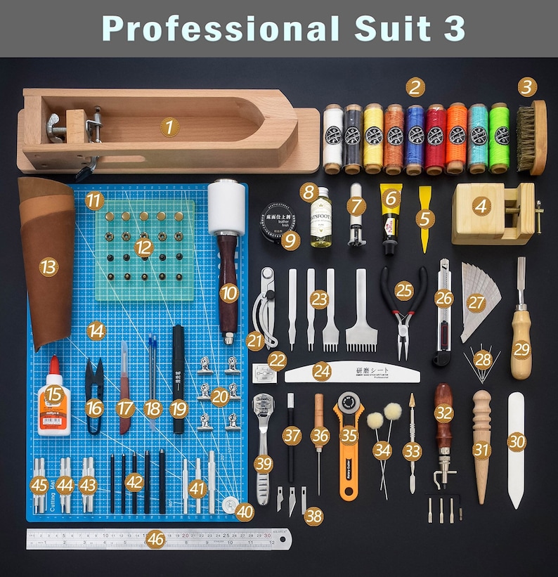 Leather Working Tools Kits Leather Craft Sewing DIY Hand Stitching with Groover Awl Edge Creaser Mat Tools Professional suit 3