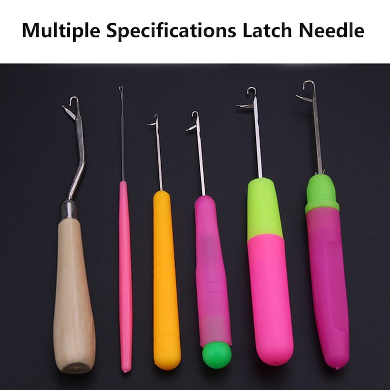 May include: A set of six latch needles with varying metal hook sizes and handle styles, including one wooden handle and five colorful plastic handles in yellow, pink, and green. The text Multiple Specifications Latch Needle is visible.