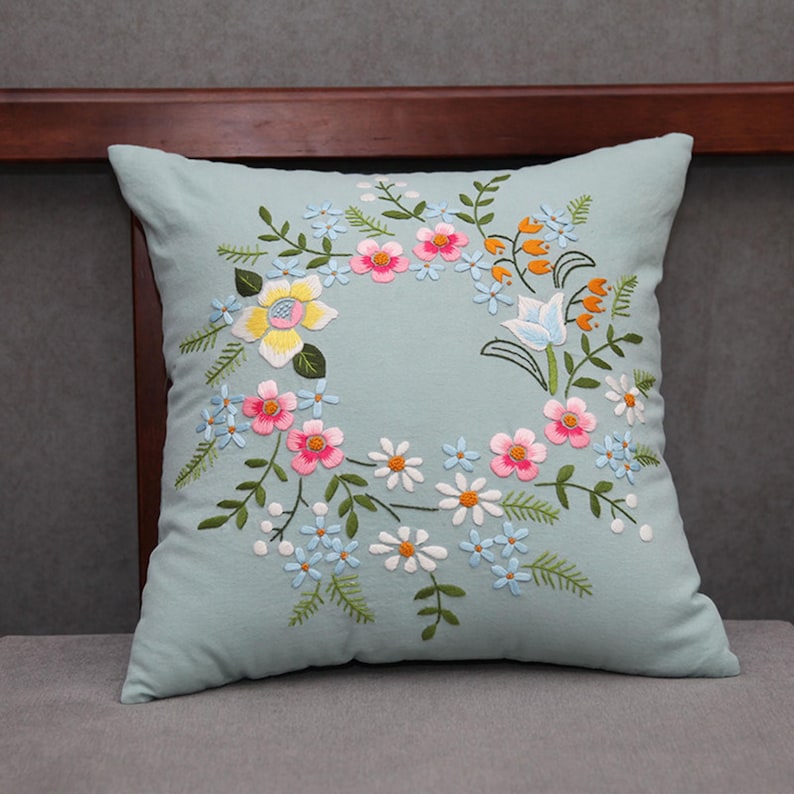 Embroidered Throw Pillow DIY Handmade Embroidery Kit Canvas Cotton Hemp ...