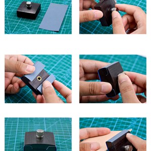 May include: A close-up of a leather working tool with a wooden base and a metal screw. The tool is used to create a consistent edge on leather. The tool is shown being used on a piece of leather.