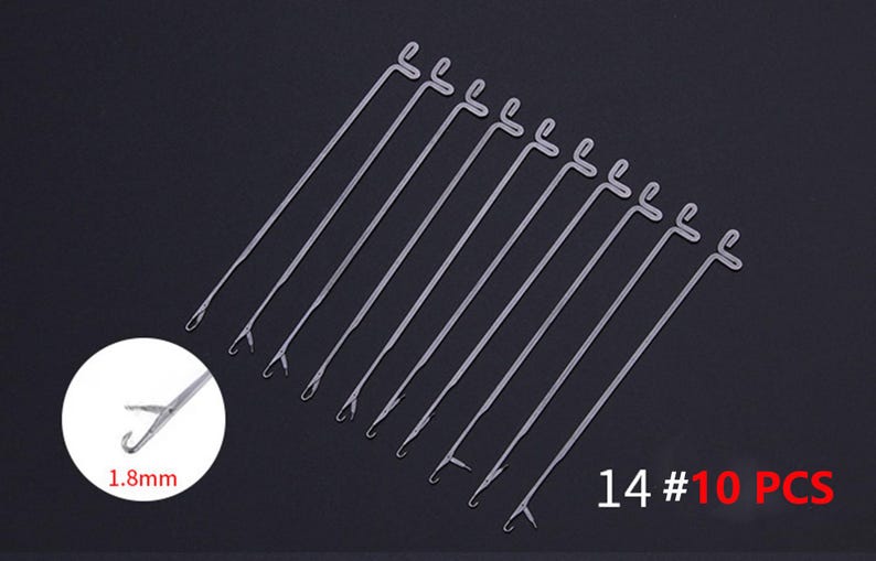 May include: A set of ten silver-colored metal latch hook needles, each featuring a hooked tip and a hinged latch mechanism. A circular inset shows a detailed view of the 1.8mm hook tip. The text 14 #10 PCS is printed in the corner.