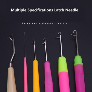 May include: A set of six latch needles with varying hook sizes and handle designs, including one wooden handle, one thin pink handle, and four thicker handles in yellow, pink, and green. The text Multiple Specifications Latch Needle is visible.